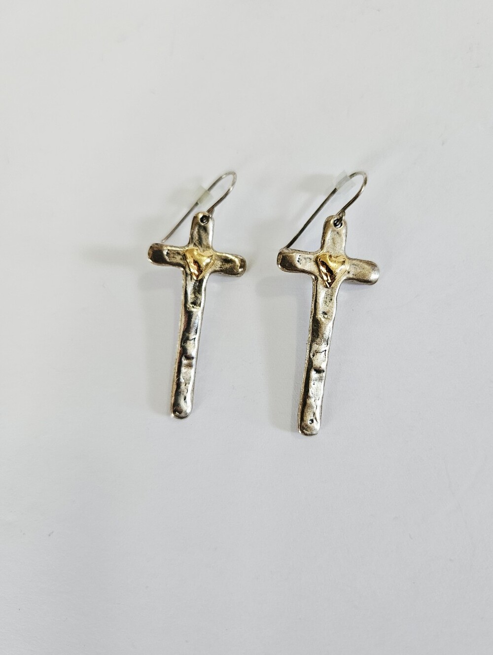 PZ Israel 14K Yellow Gold On Sterling Silver Hammered Heart Dangle Cross Earring